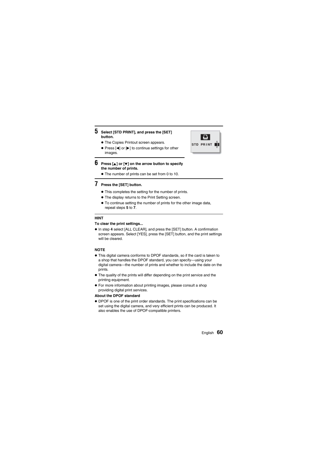 Fisher VPC-R1EX Select STD PRINT, and press the SET button, To clear the print settings, About the Dpof standard 