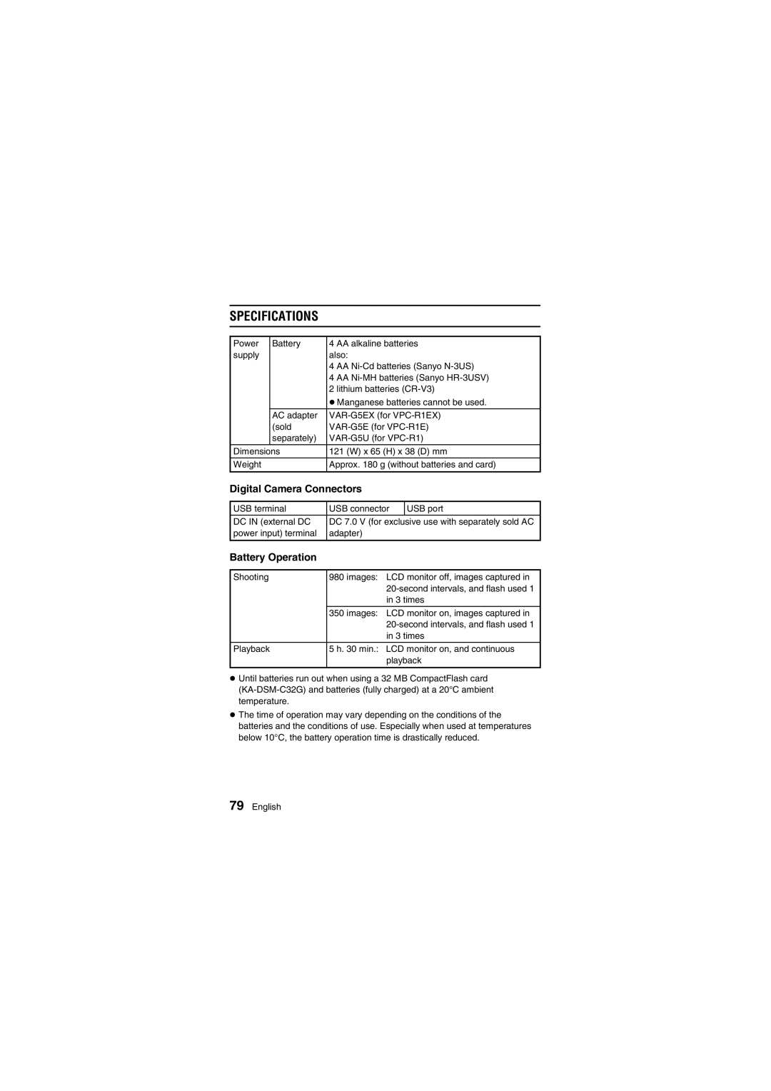 Fisher VPC-R1EX instruction manual Digital Camera Connectors, Battery Operation 