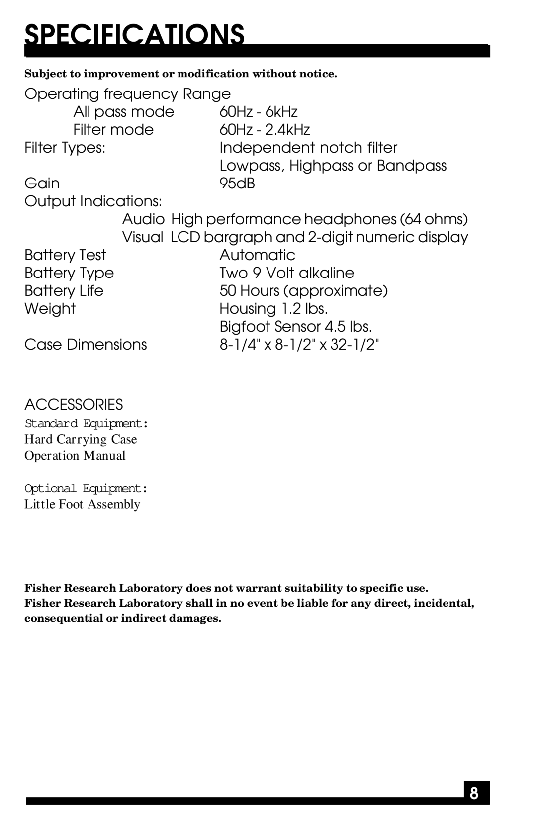 Fisher XLT-30 manual Specifications, Accessories 