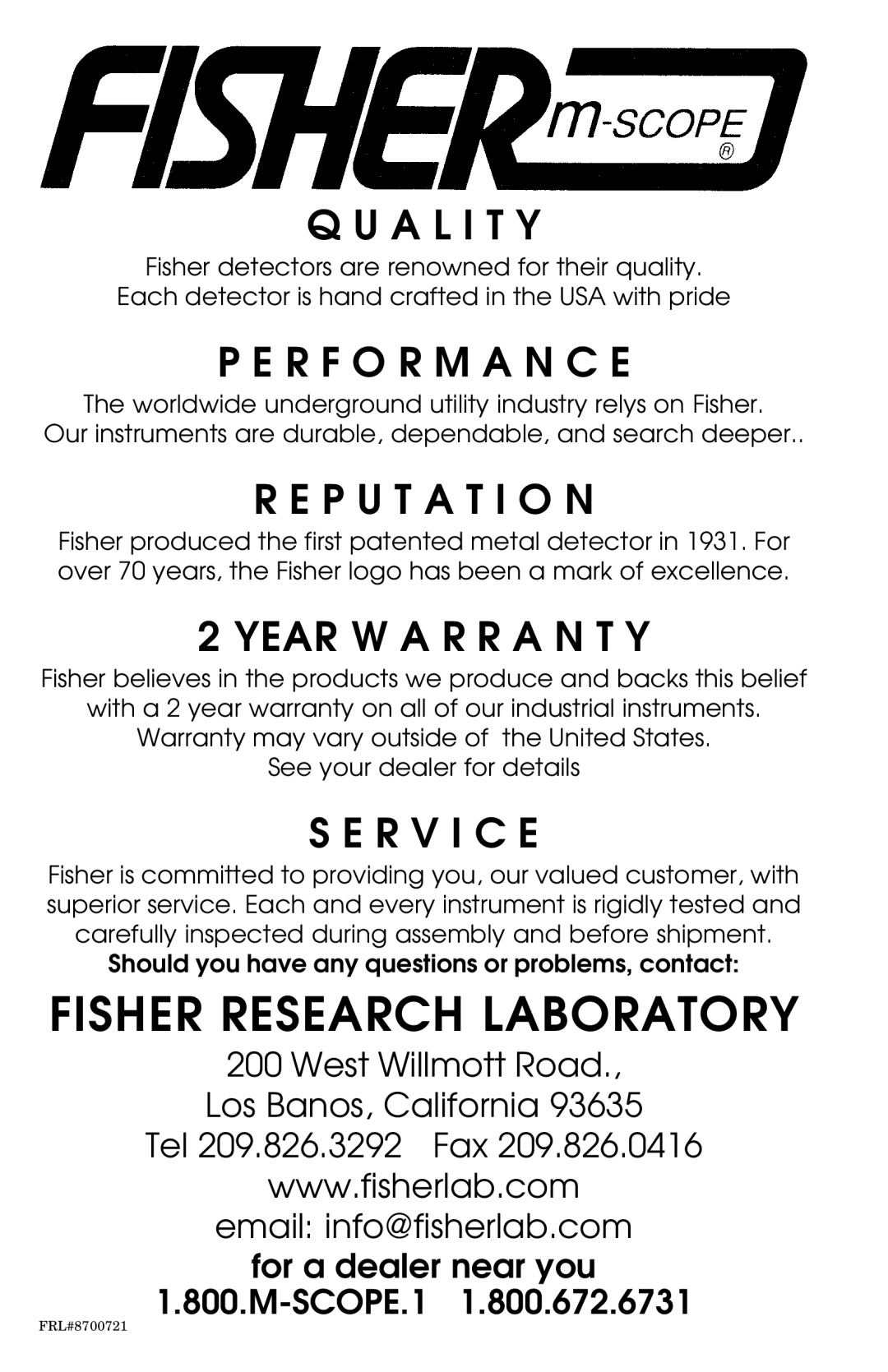 Fisher XLT-30 manual Fisher Research Laboratory, A L I T Y 