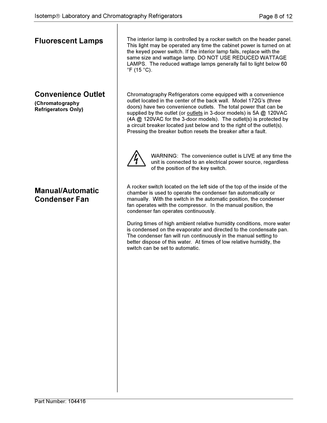 Fisher instruction manual Fluorescent Lamps Convenience Outlet, Manual/Automatic Condenser Fan 