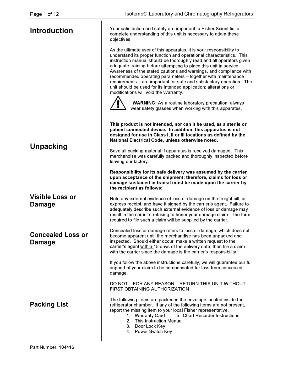 Fisher instruction manual Introduction Unpacking, Visible Loss or Damage Concealed Loss or Damage Packing List 