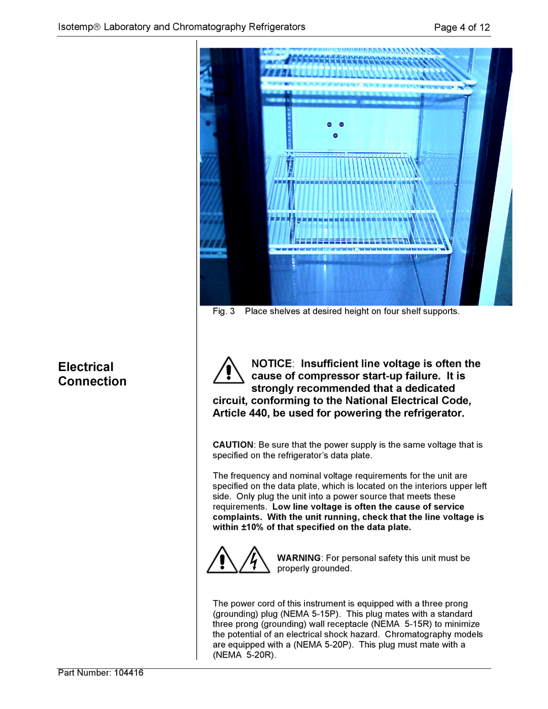 Fisher instruction manual Electrical Connection, Place shelves at desired height on four shelf supports 