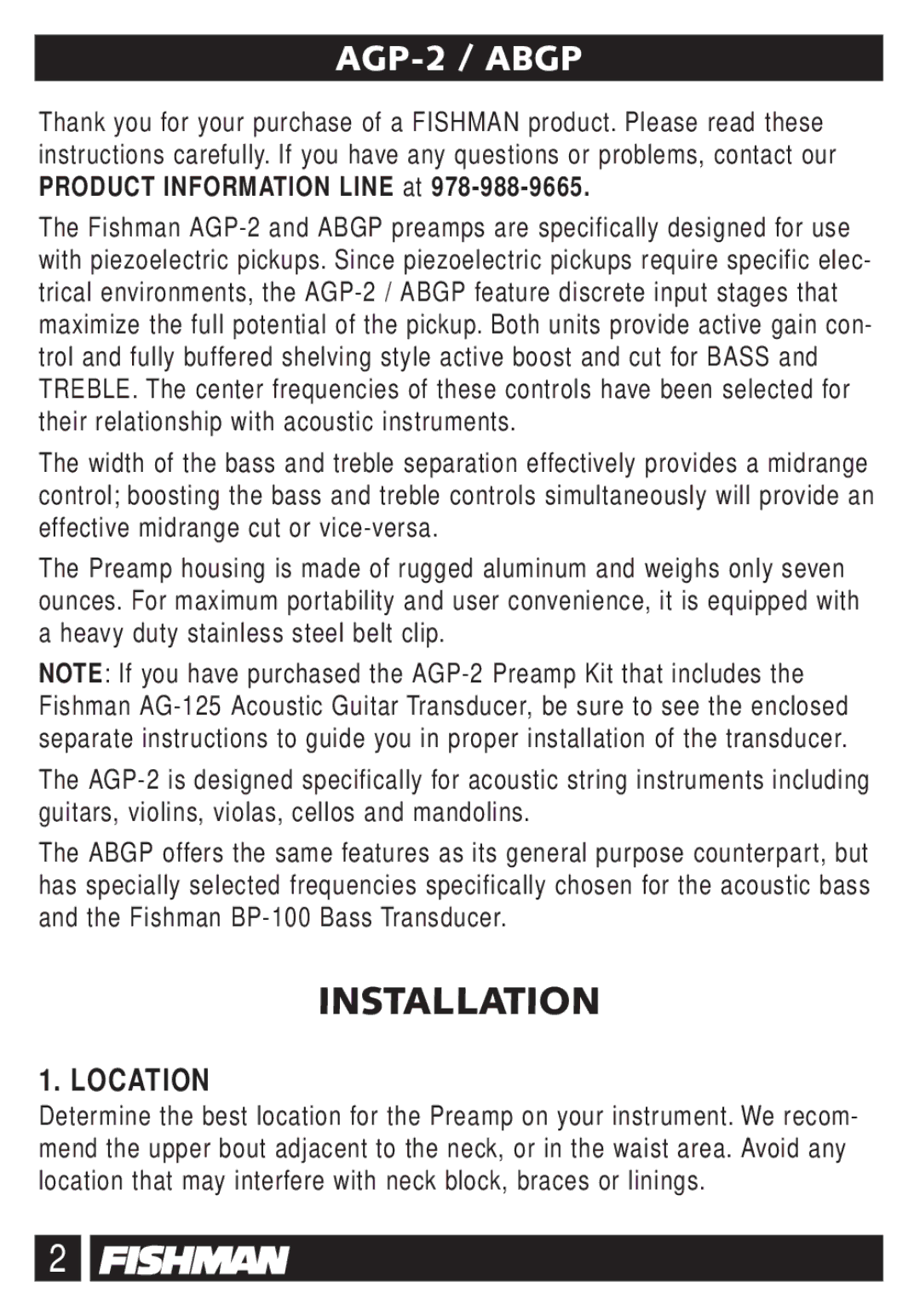 Fishman ABGP owner manual AGP-2 / Abgp, Location 