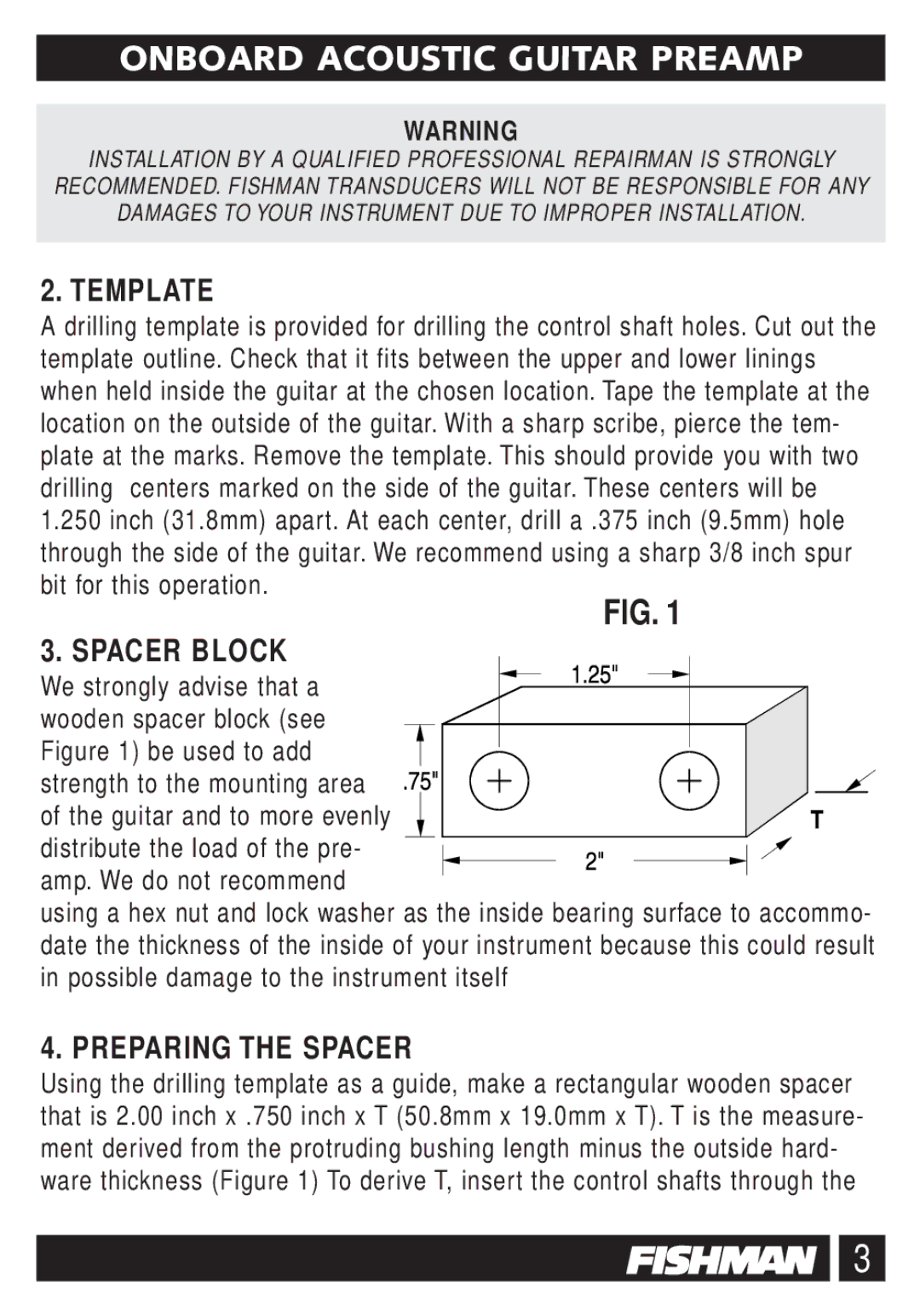 Fishman ABGP, AGP-2 owner manual Template, Spacer Block, Preparing the Spacer 