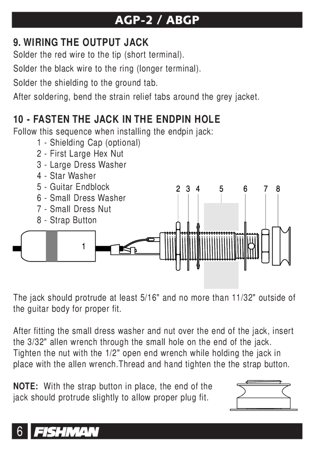 Fishman AGP-2, ABGP owner manual Wiring the Output Jack, Fasten the Jack in the Endpin Hole 