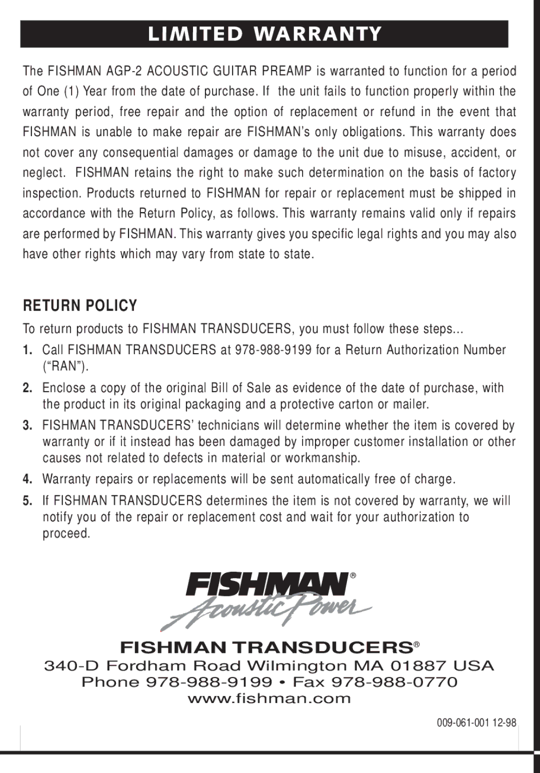 Fishman AGP-2, ABGP owner manual Limited Warranty, Return Policy 