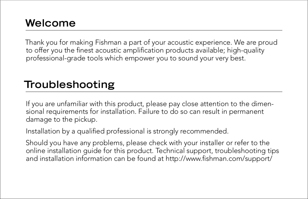 Fishman Archtop Guitar Pickup manual Welcome, Troubleshooting 