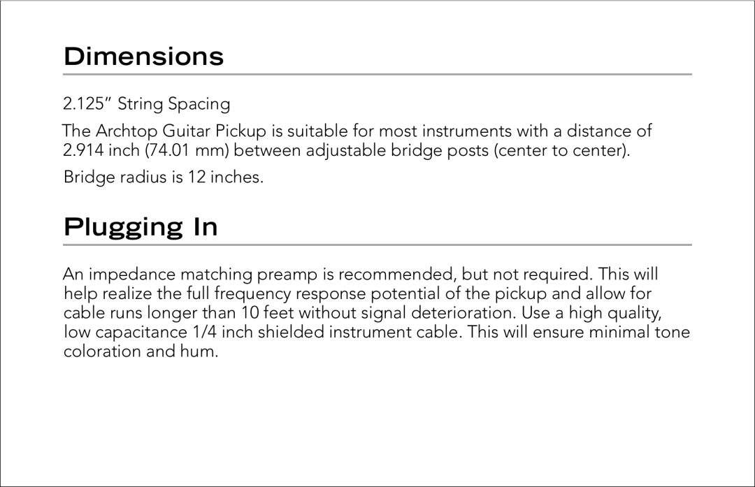 Fishman Archtop Guitar Pickup manual Dimensions, Plugging 