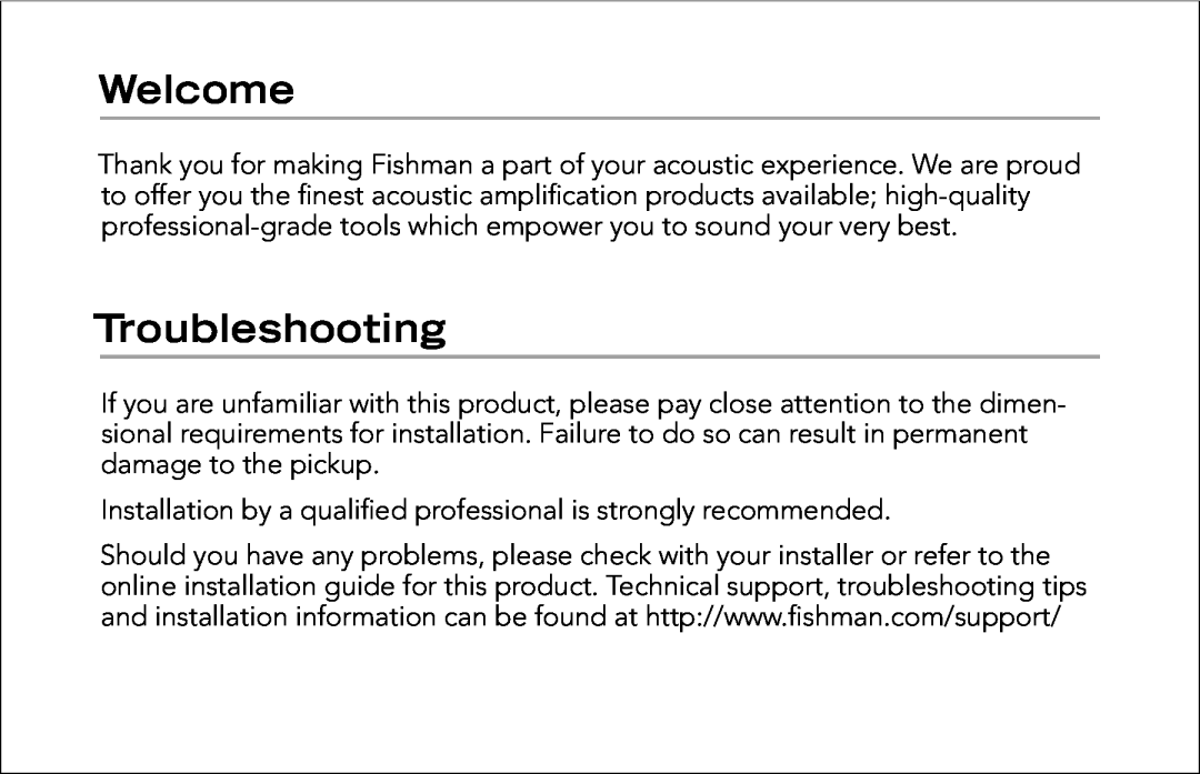 Fishman Archtop Guitar Pickup manual Welcome, Troubleshooting 