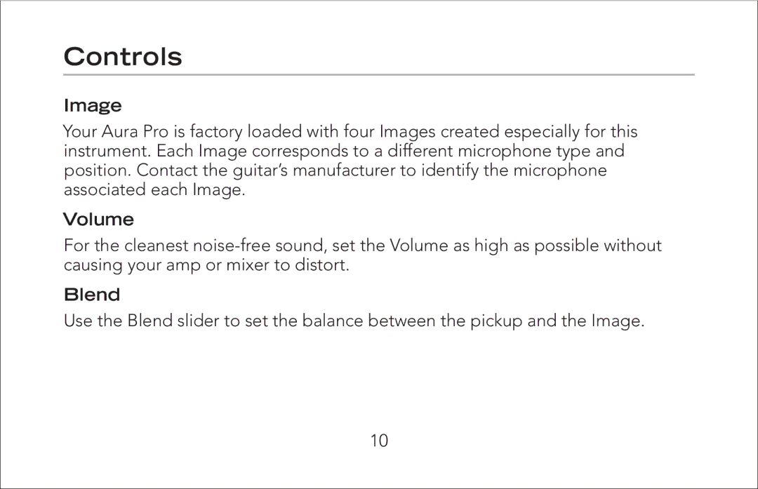 Fishman Aura Pro manual Controls, Image, Volume, Blend 