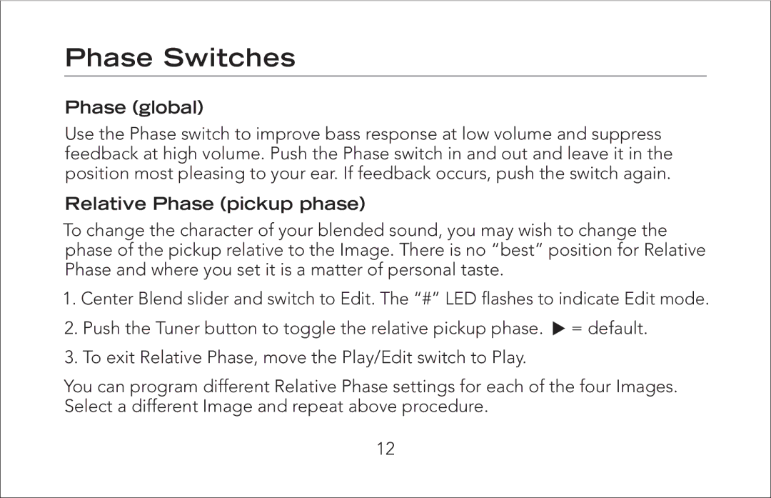 Fishman Aura Pro manual Phase Switches, Phase global, Relative Phase pickup phase 
