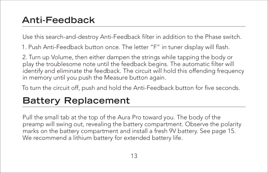 Fishman Aura Pro manual Anti-Feedback, Battery Replacement 