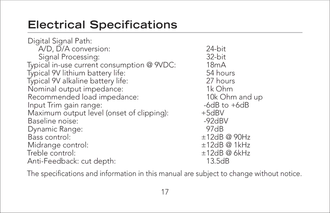 Fishman Aura Pro manual Electrical Speciﬁcations 