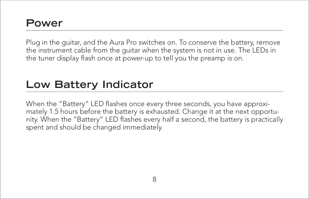 Fishman Aura Pro manual Power, Low Battery Indicator 