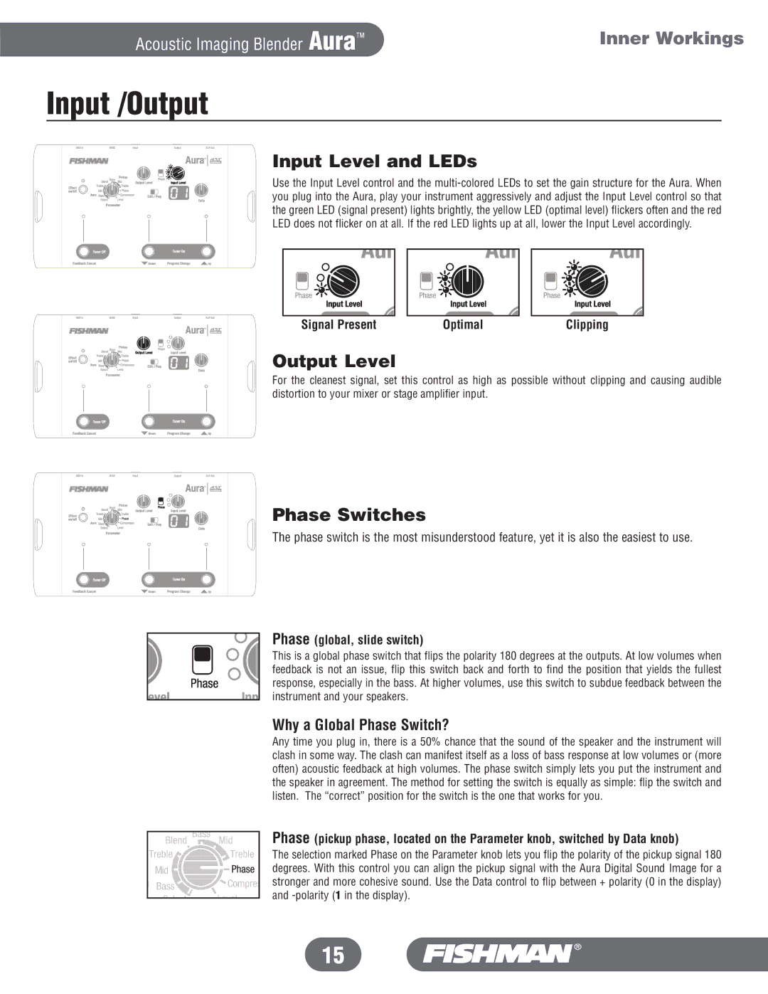 Fishman Aura manual Input /Output, Input Level and LEDs, Output Level, Phase Switches, Why a Global Phase Switch? 