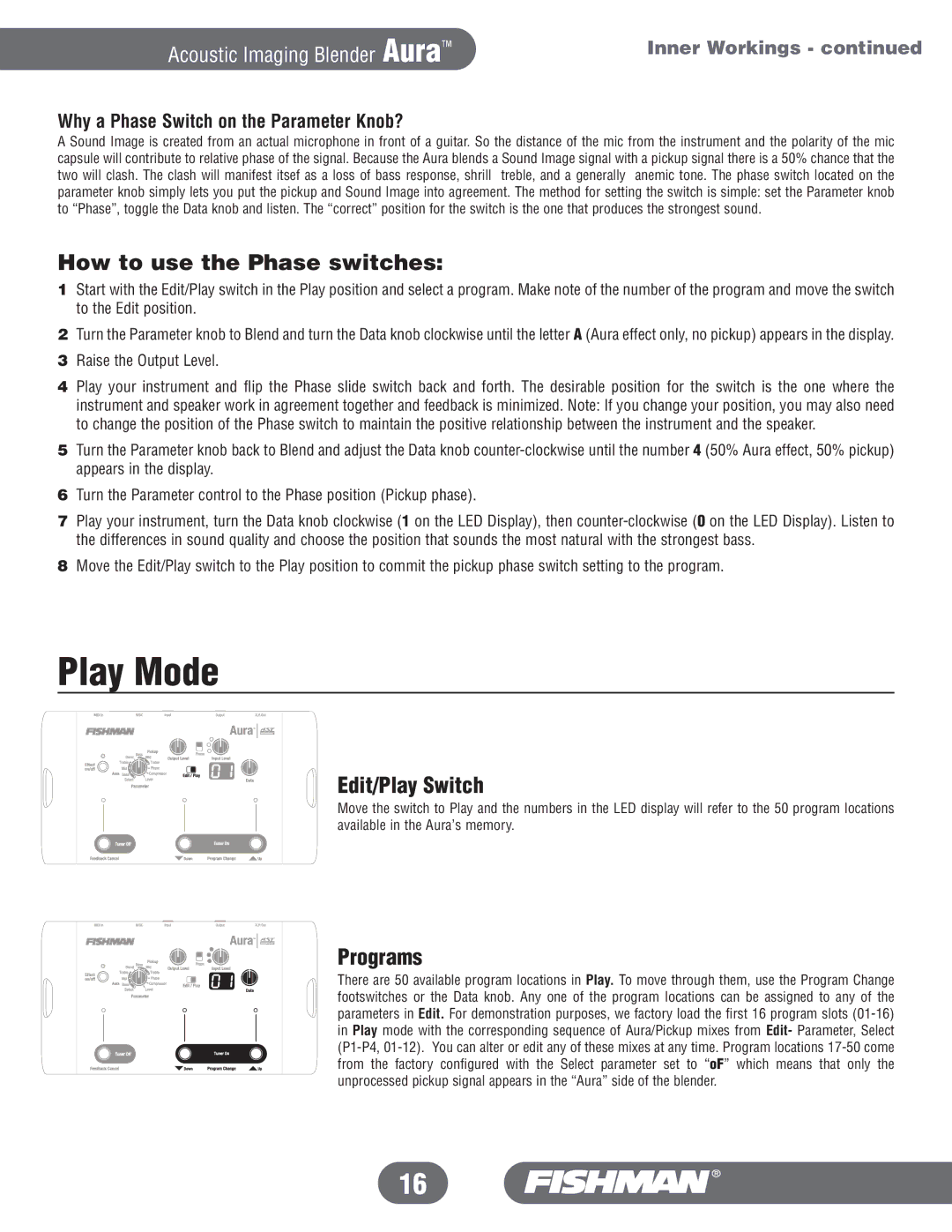 Fishman Aura manual Play Mode, How to use the Phase switches, Edit/Play Switch, Programs 