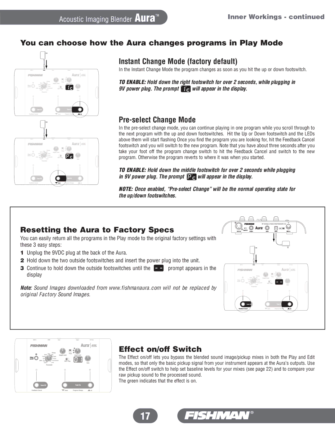 Fishman manual Pre-select Change Mode, Resetting the Aura to Factory Specs, Effect on/off Switch 