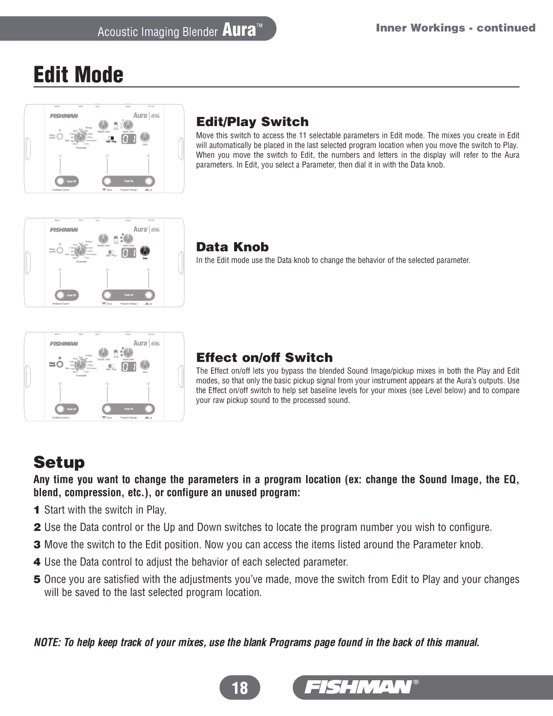 Fishman Aura manual Edit Mode, Setup, Data Knob 