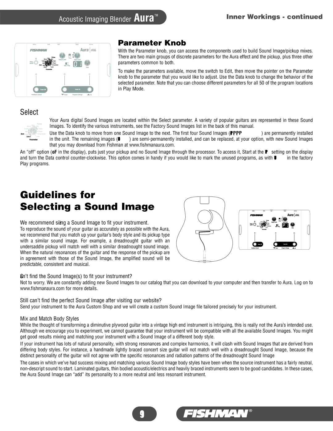 Fishman Aura manual Guidelines for Selecting a Sound Image, Parameter Knob, Mix and Match Body Styles 