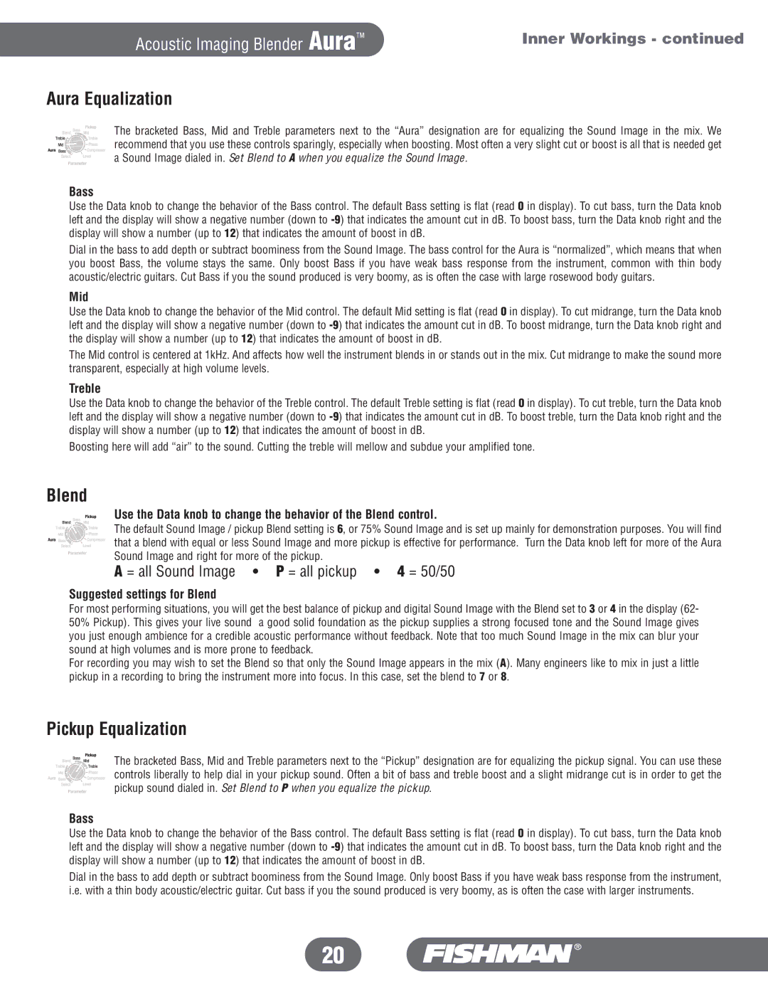 Fishman manual Aura Equalization, Blend, Pickup Equalization 