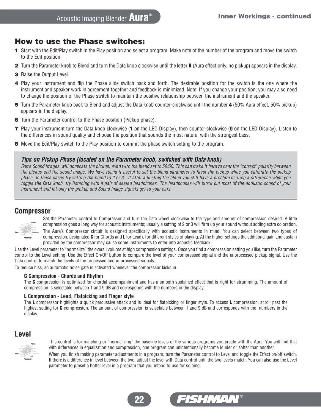Fishman Aura manual Compressor, Level, Compression Chords and Rhythm, Compression Lead, Flatpicking and Finger style 