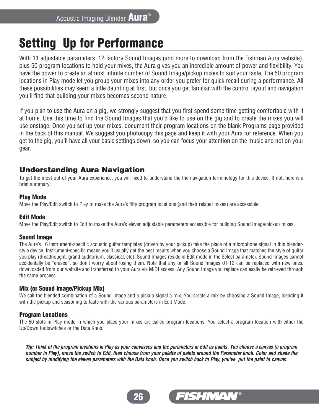 Fishman manual Setting Up for Performance, Understanding Aura Navigation 