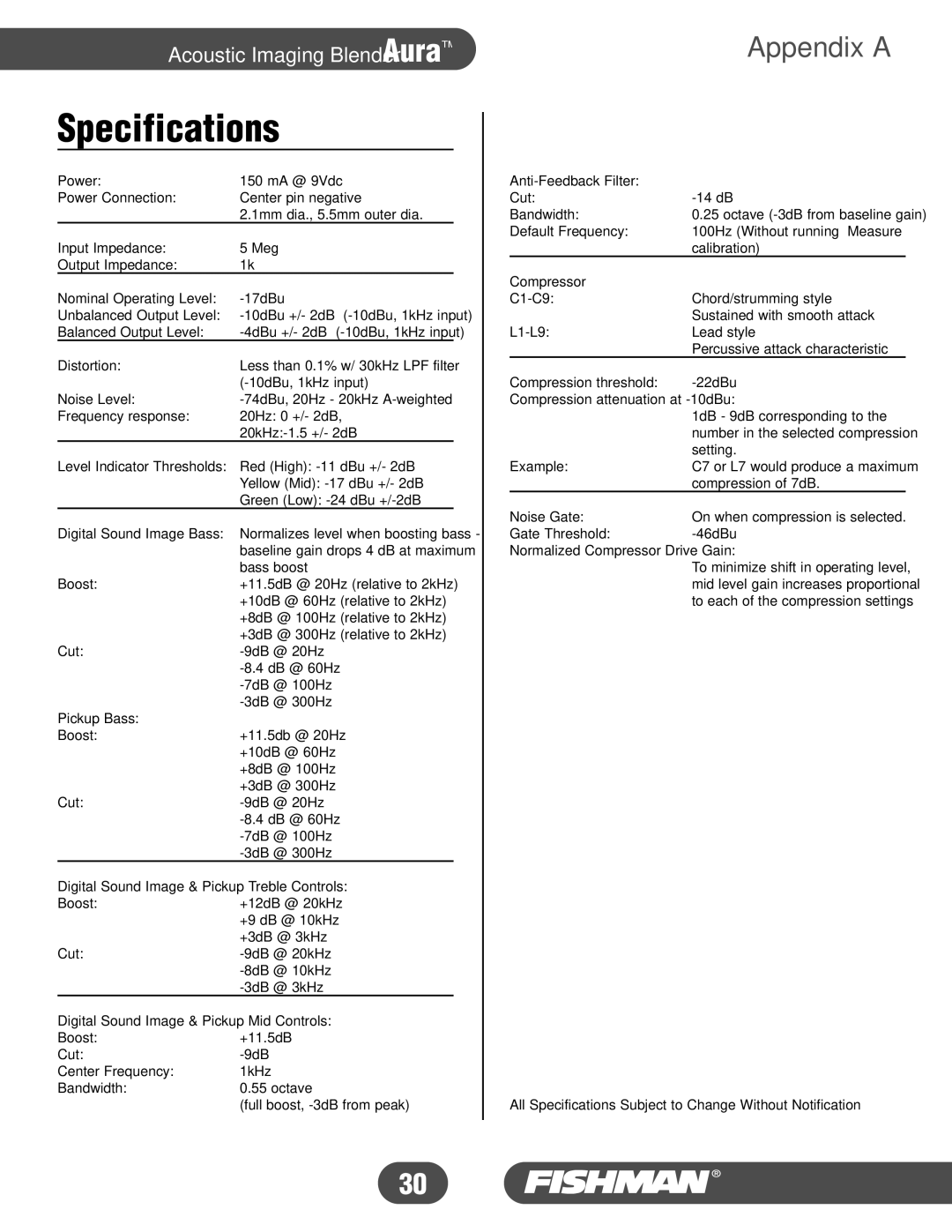 Fishman Aura manual Specifications, Boost 