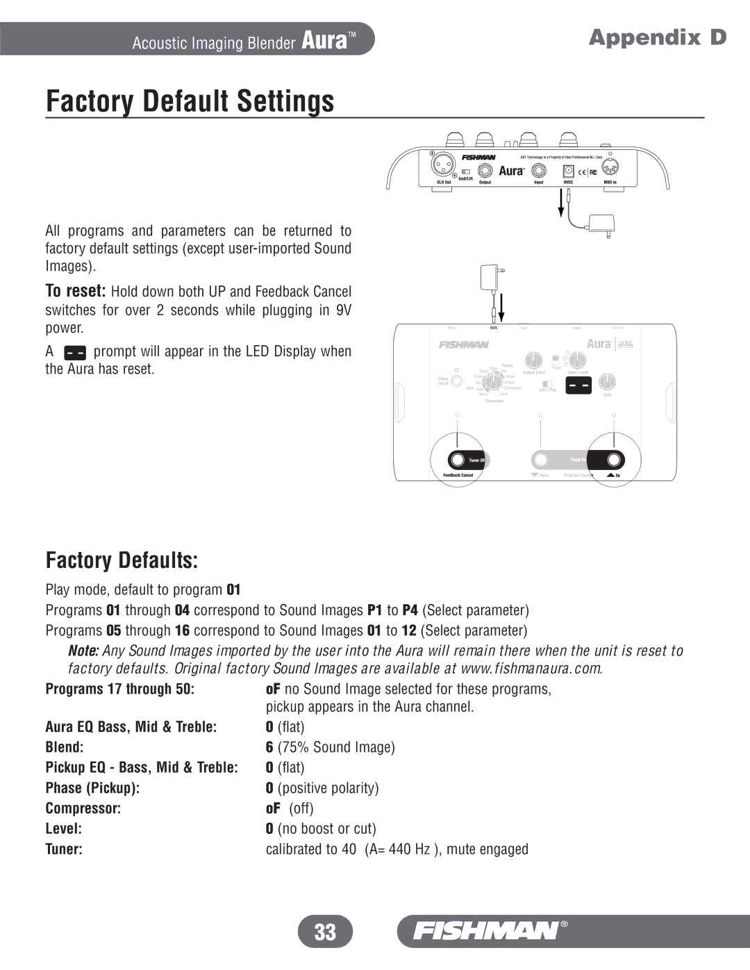 Fishman manual Factory Default Settings, Factory Defaults, Programs 17 through, Pickup appears in the Aura channel 