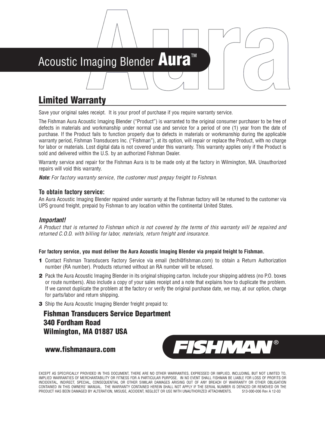 Fishman Aura manual Limited Warranty, To obtain factory service 