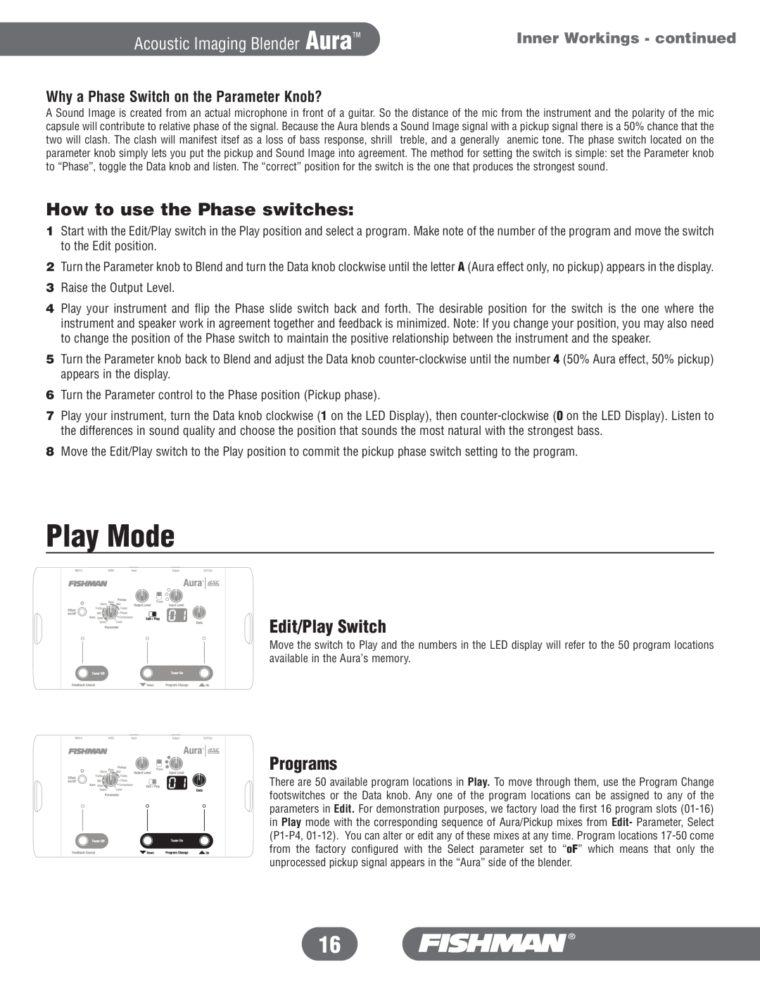 Fishman Aura manual Play Mode, How to use the Phase switches, Edit/Play Switch, Programs, Inner Workings - continued 