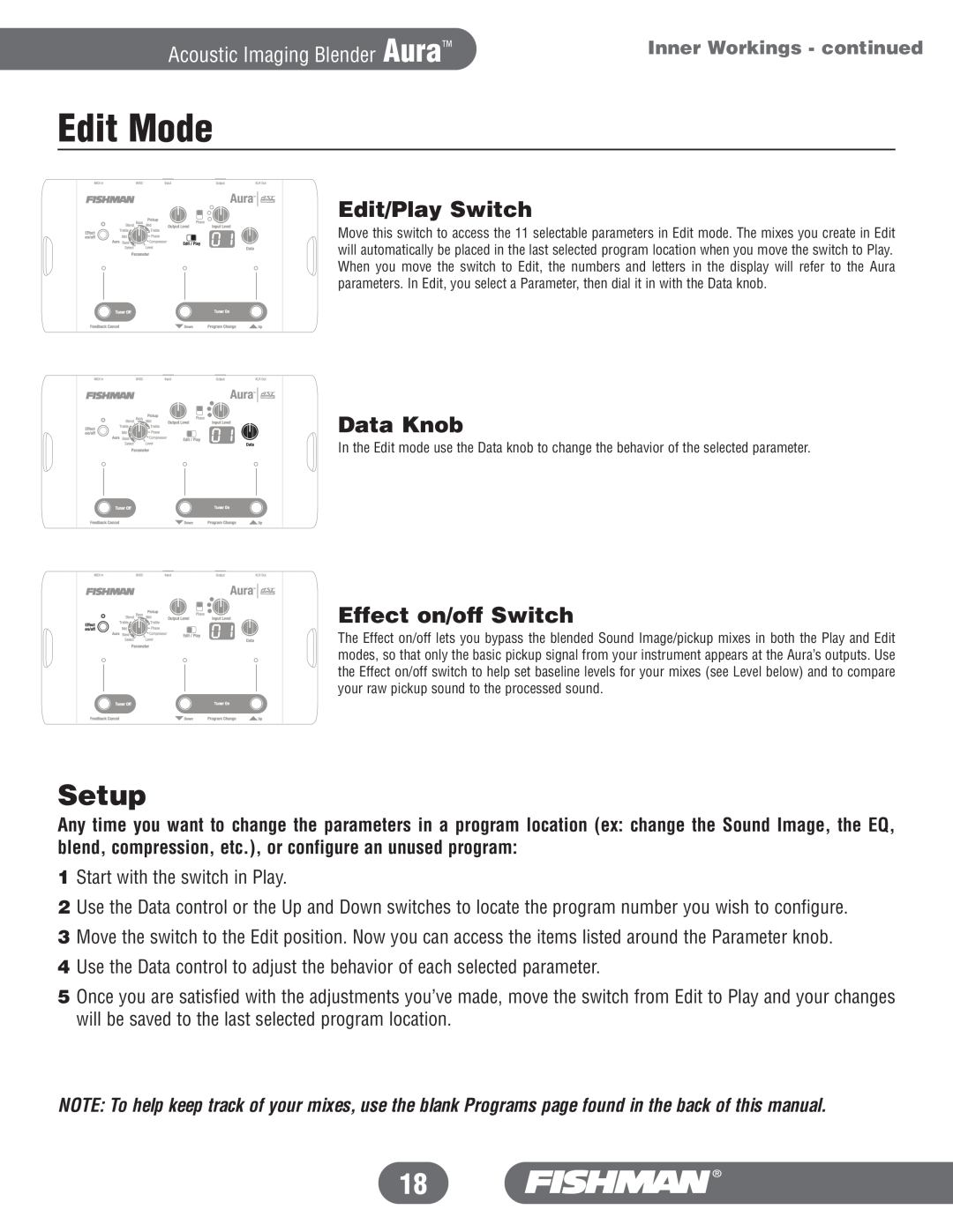 Fishman manual Edit Mode, Setup, Data Knob, Edit/Play Switch, Effect on/off Switch, Acoustic Imaging Blender Aura 