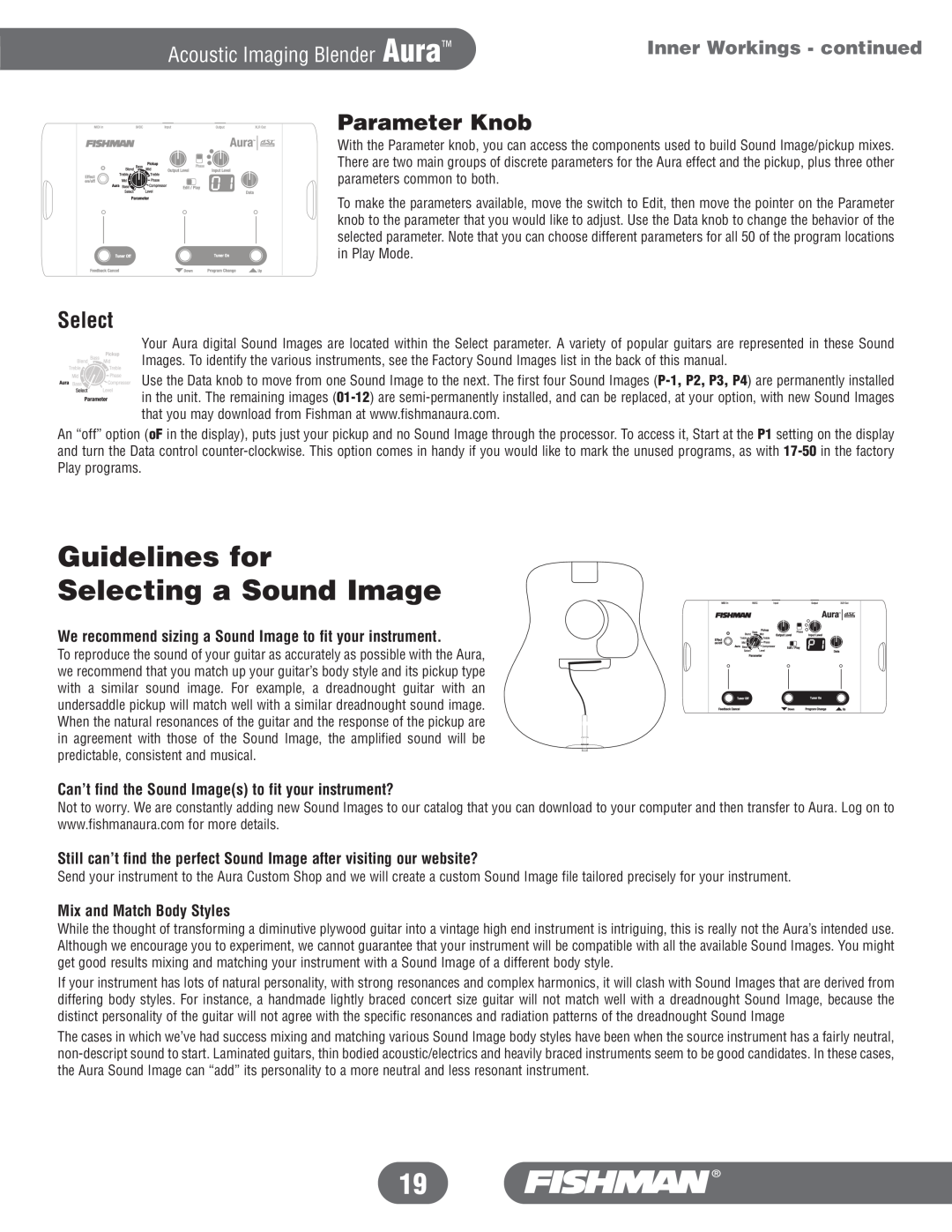 Fishman manual Guidelines for Selecting a Sound Image, Parameter Knob, Acoustic Imaging Blender Aura 