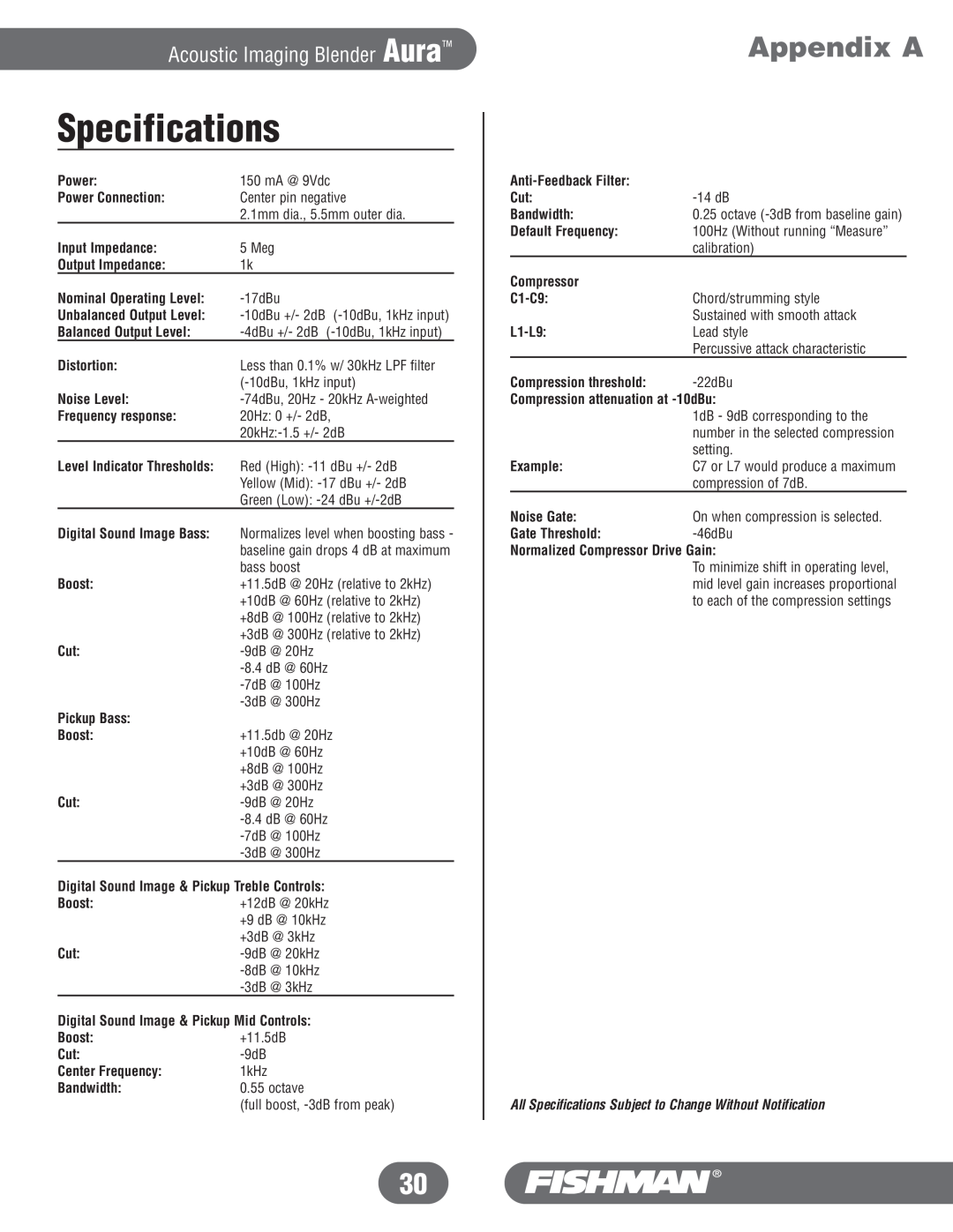 Fishman manual Specifications, Appendix A, Acoustic Imaging Blender Aura 