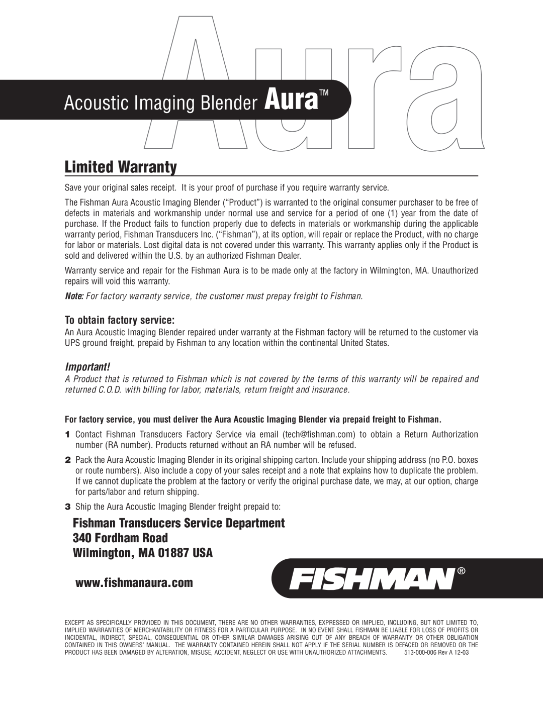 Fishman Aura manual Limited Warranty, Fishman Transducers Service Department 340 Fordham Road, Wilmington, MA 01887 USA 