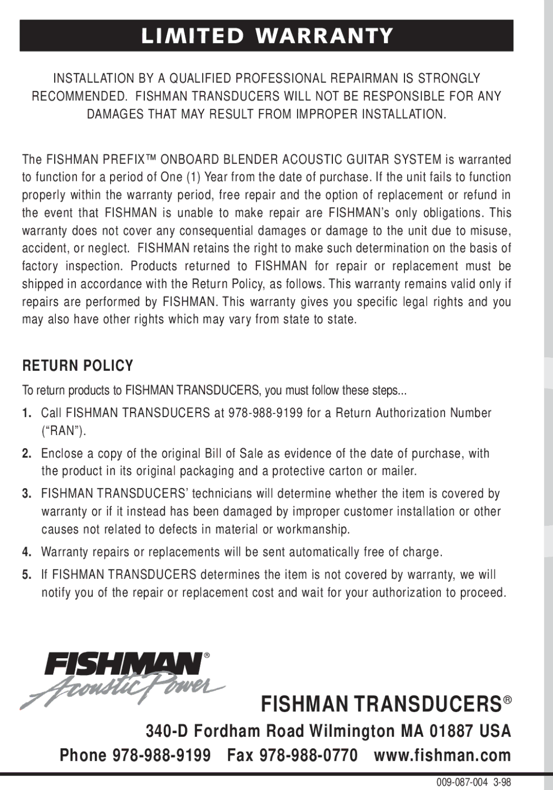 Fishman Blender quick start Limited Warranty, Return Policy 