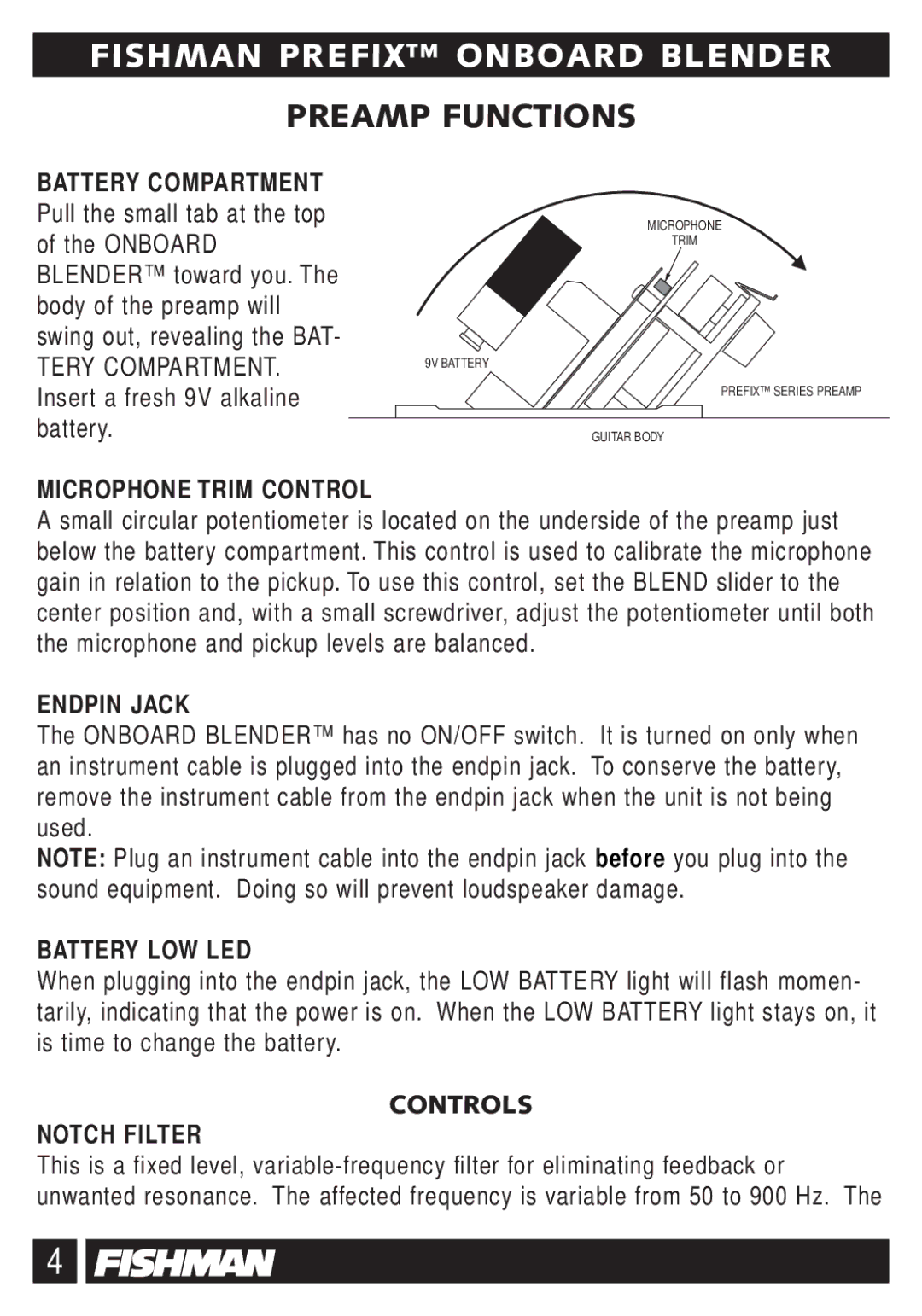 Fishman Blender quick start Preamp Functions, Battery Compartment, Microphone Trim Control, Endpin Jack, Battery LOW LED 