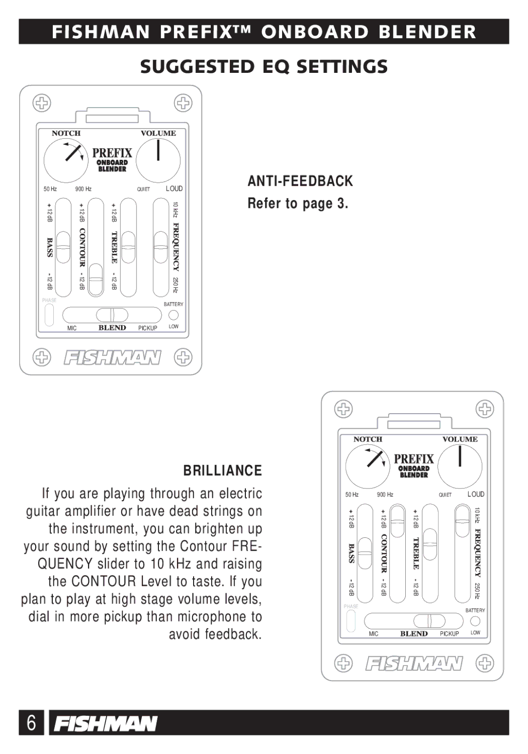 Fishman Blender quick start Suggested EQ Settings, Anti-Feedback, Brilliance 