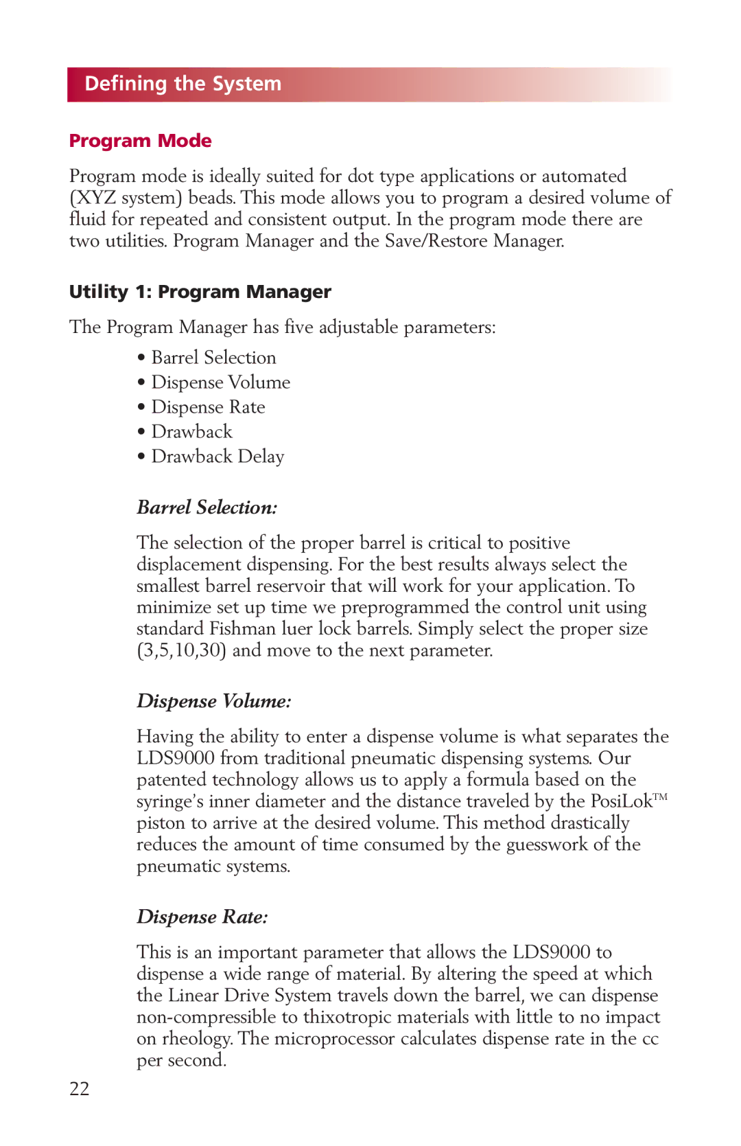 Fishman LDS9000 manual Defining the System, Program Mode 