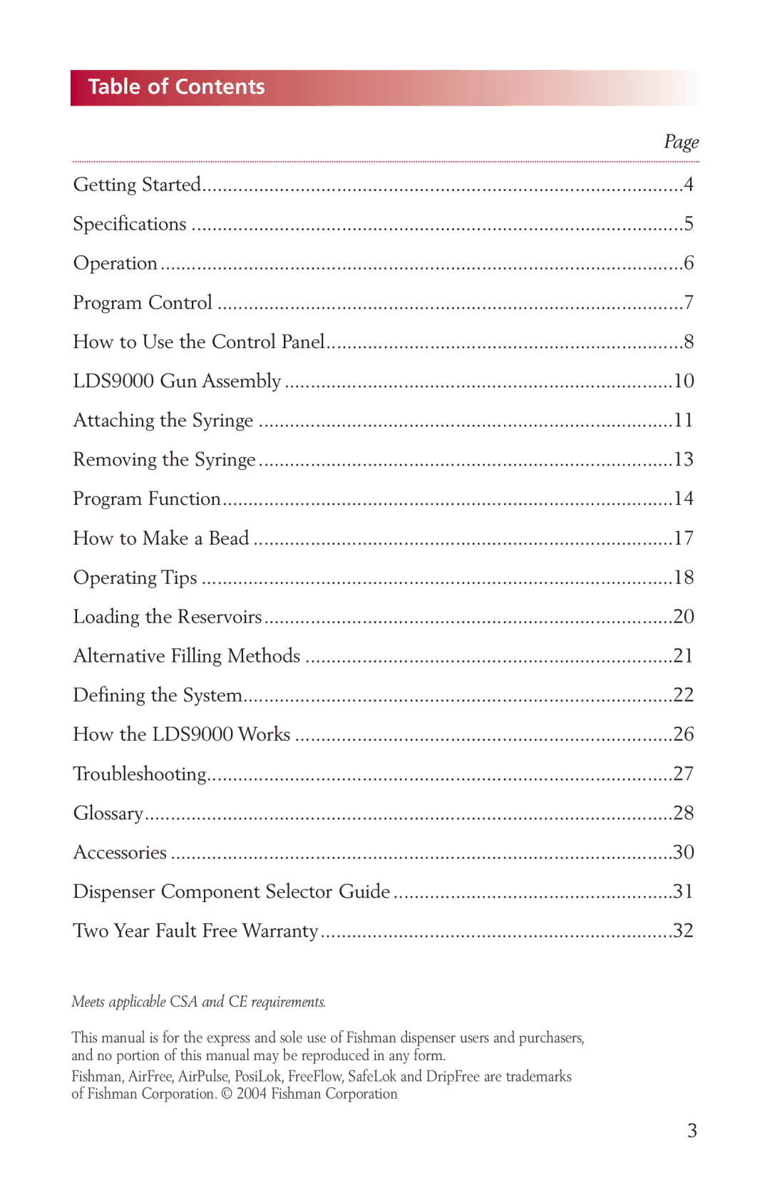 Fishman LDS9000 manual Table of Contents 