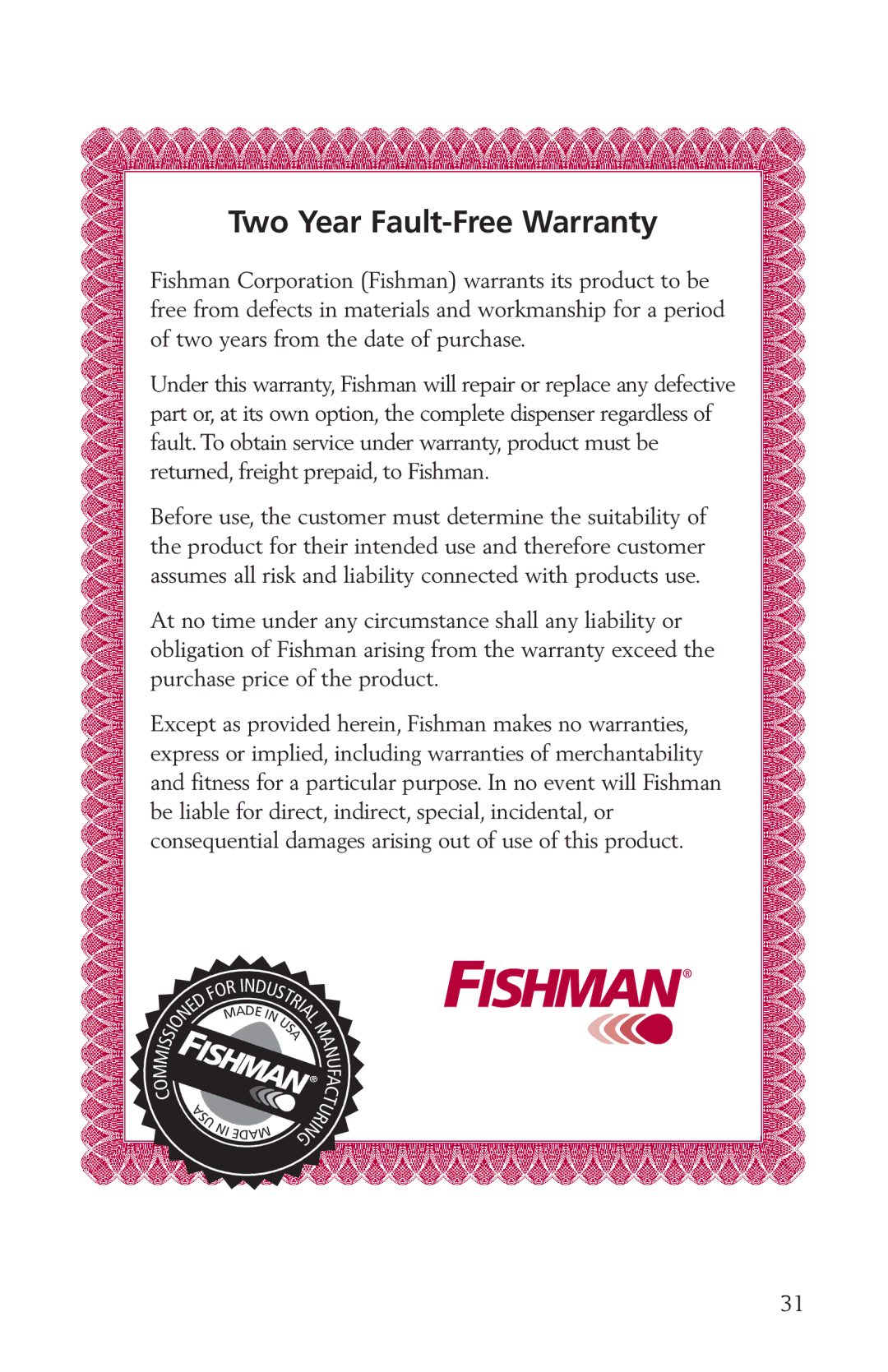 Fishman LDS9000 manual Two Year Fault-Free Warranty 