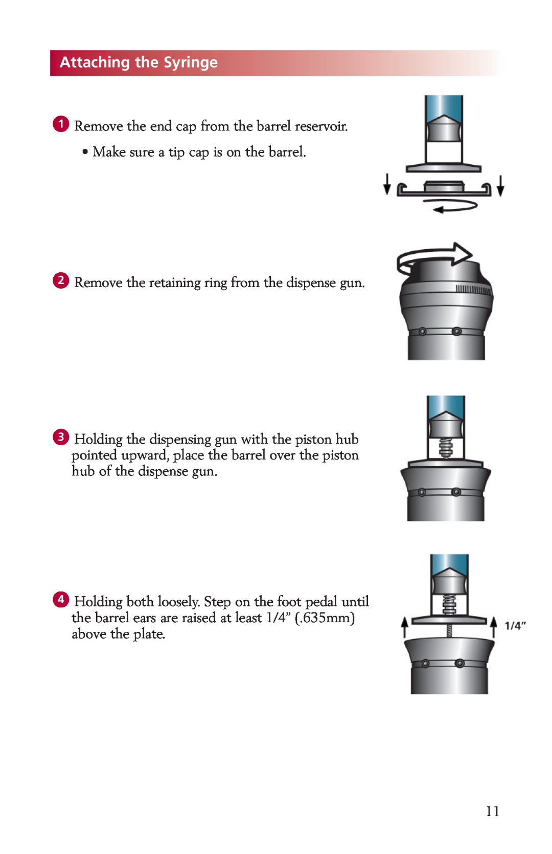 Fishman LDS9000 AttachingtheSyringe, 1Remove the end cap from the barrel reservoir, Make sure a tip cap is on the barrel 