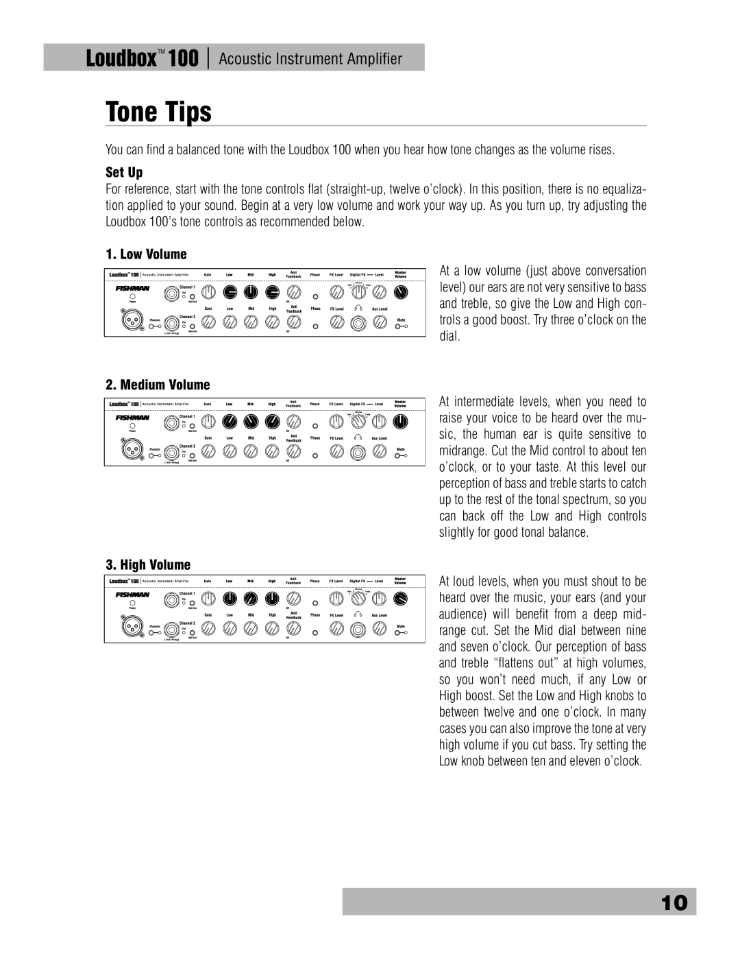 Fishman Loudbox 100 owner manual Tone Tips, Set Up, Low Volume Medium Volume High Volume 