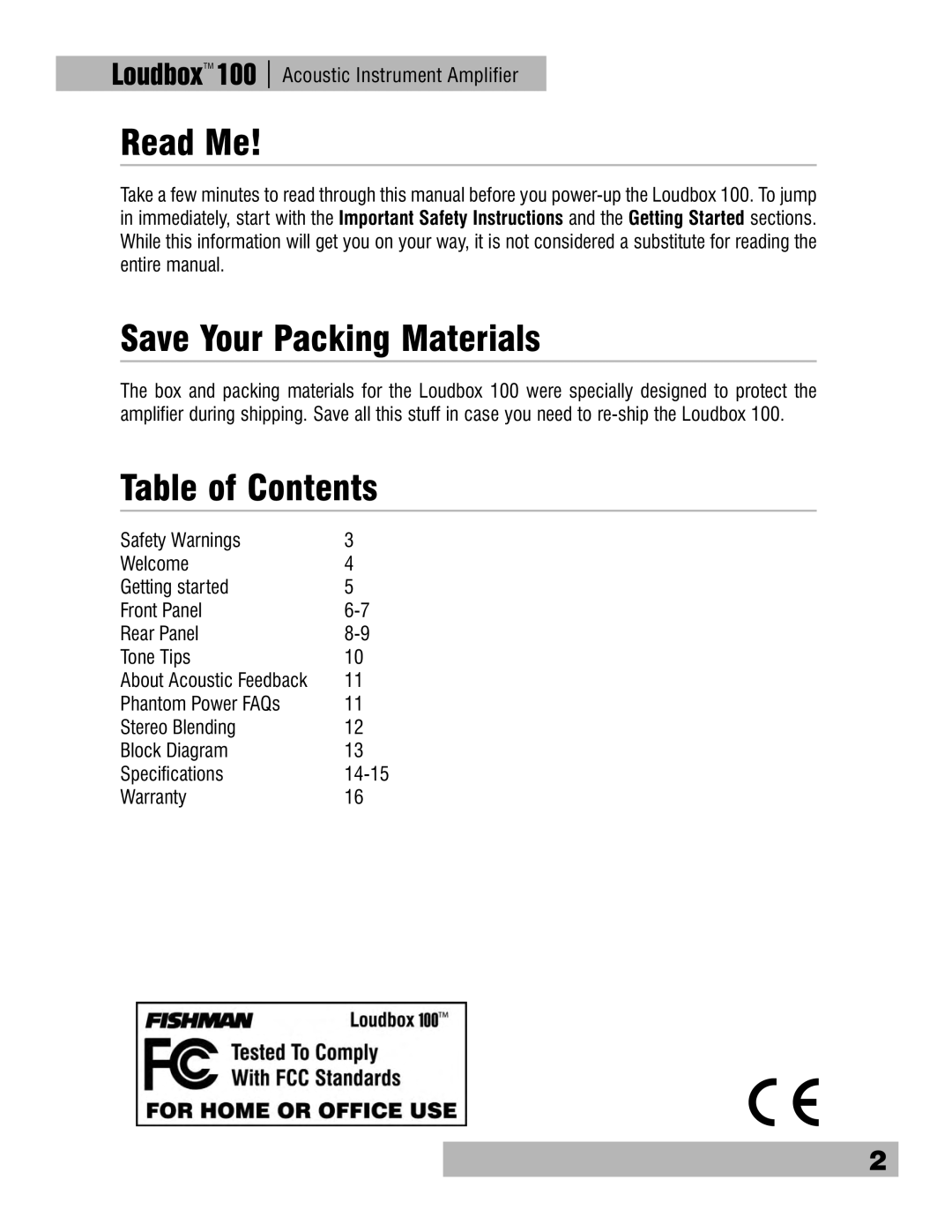 Fishman Loudbox 100 owner manual Read Me, Save Your Packing Materials, Table of Contents 