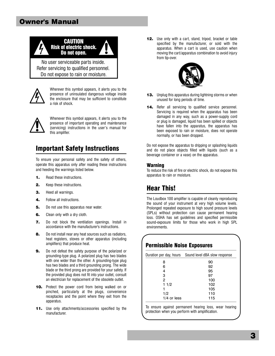 Fishman Loudbox 100 owner manual Important Safety Instructions 