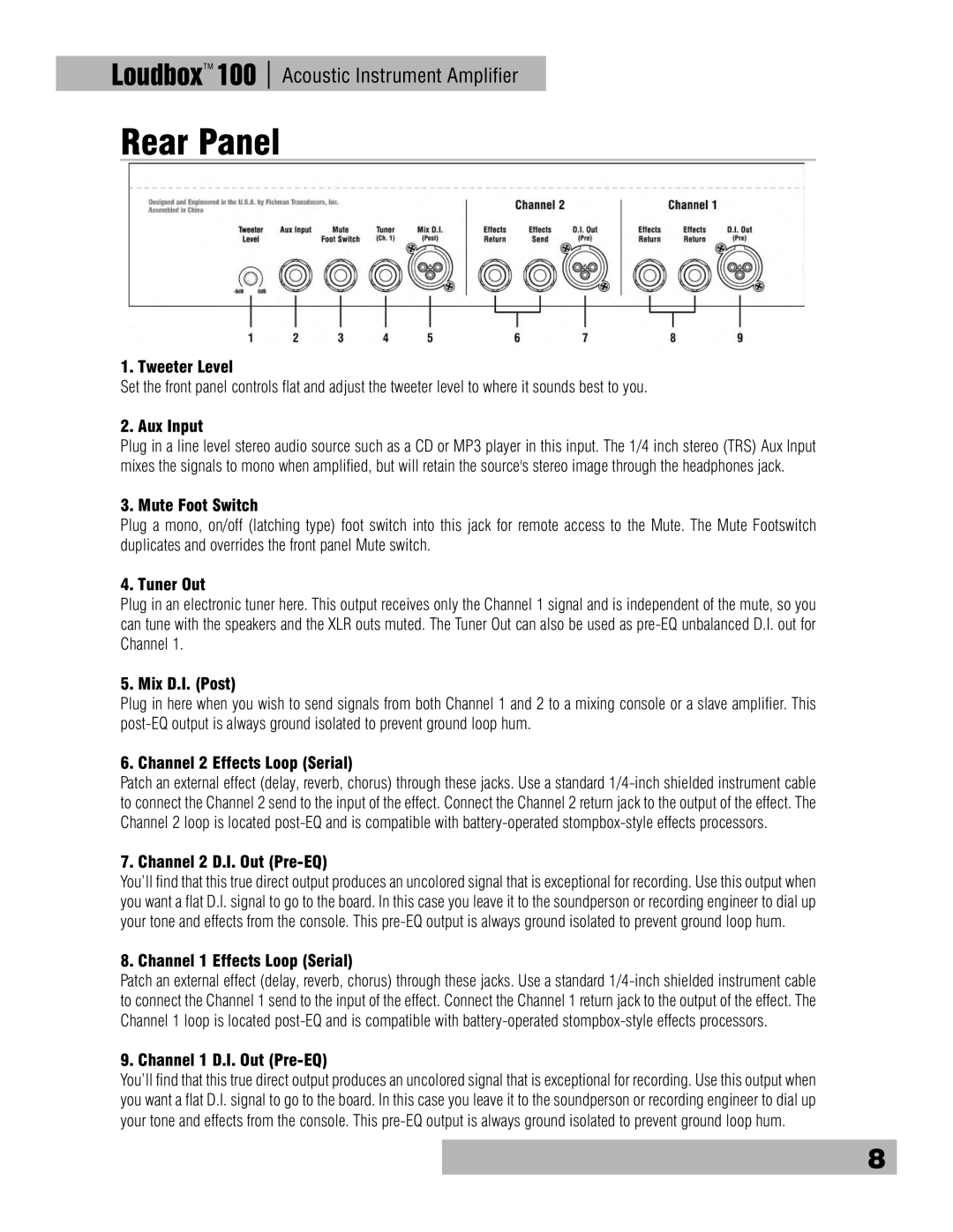 Fishman Loudbox 100 owner manual Rear Panel, Tweeter Level 