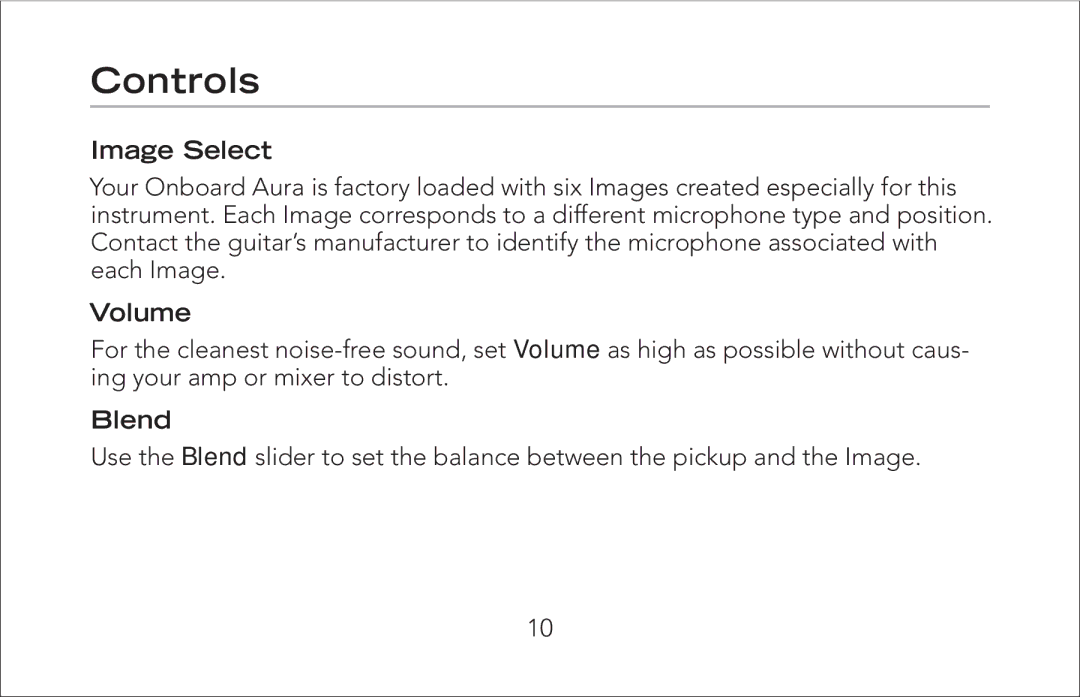 Fishman Onboard Aura manual Controls, Image Select, Volume, Blend 