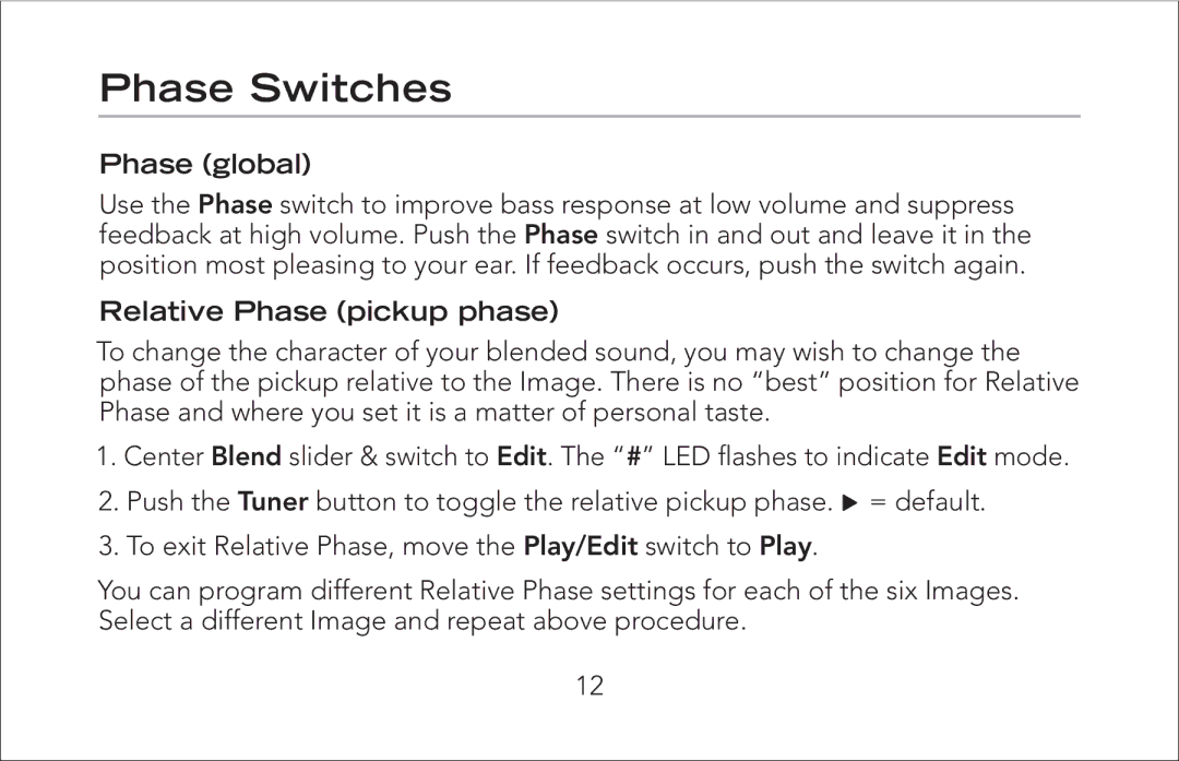 Fishman Onboard Aura manual Phase Switches, Phase global, Relative Phase pickup phase 