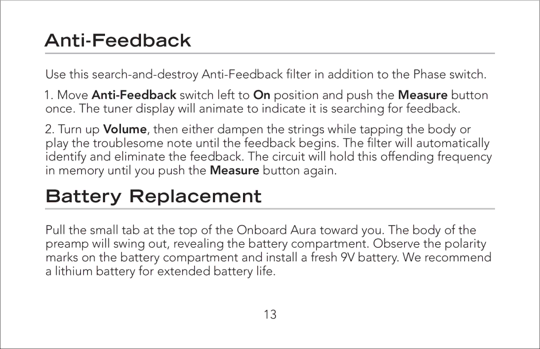 Fishman Onboard Aura manual Anti-Feedback, Battery Replacement 