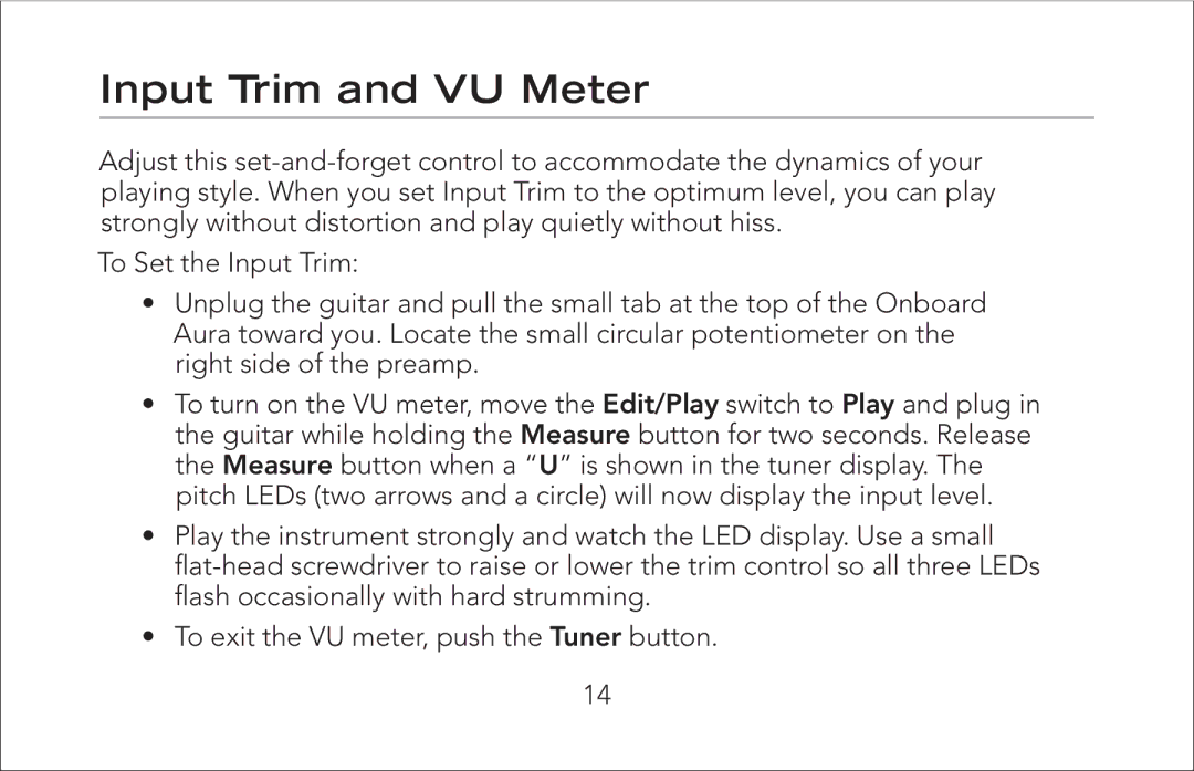 Fishman Onboard Aura manual Input Trim and VU Meter 